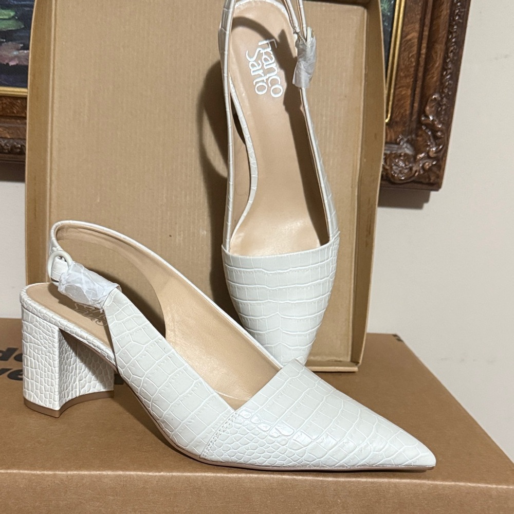 Franco Sarto Croc-Embossed Cream Slingback Heels
